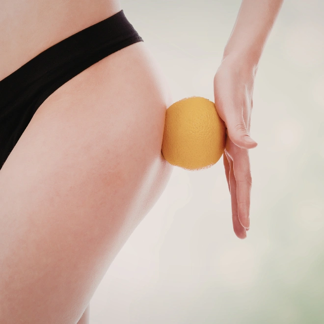 Cellulite an Oberschenkel mit Orangenvergleich – Anti-Cellulite Behandlung im Kosmetikstudio München Ost